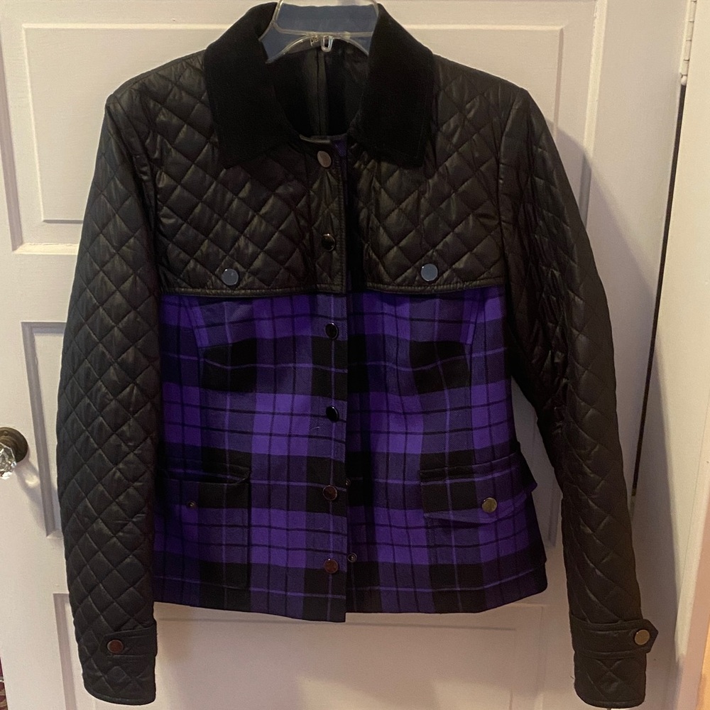 Per Se Black Quilted & Purple Plaid Bomber Jacket